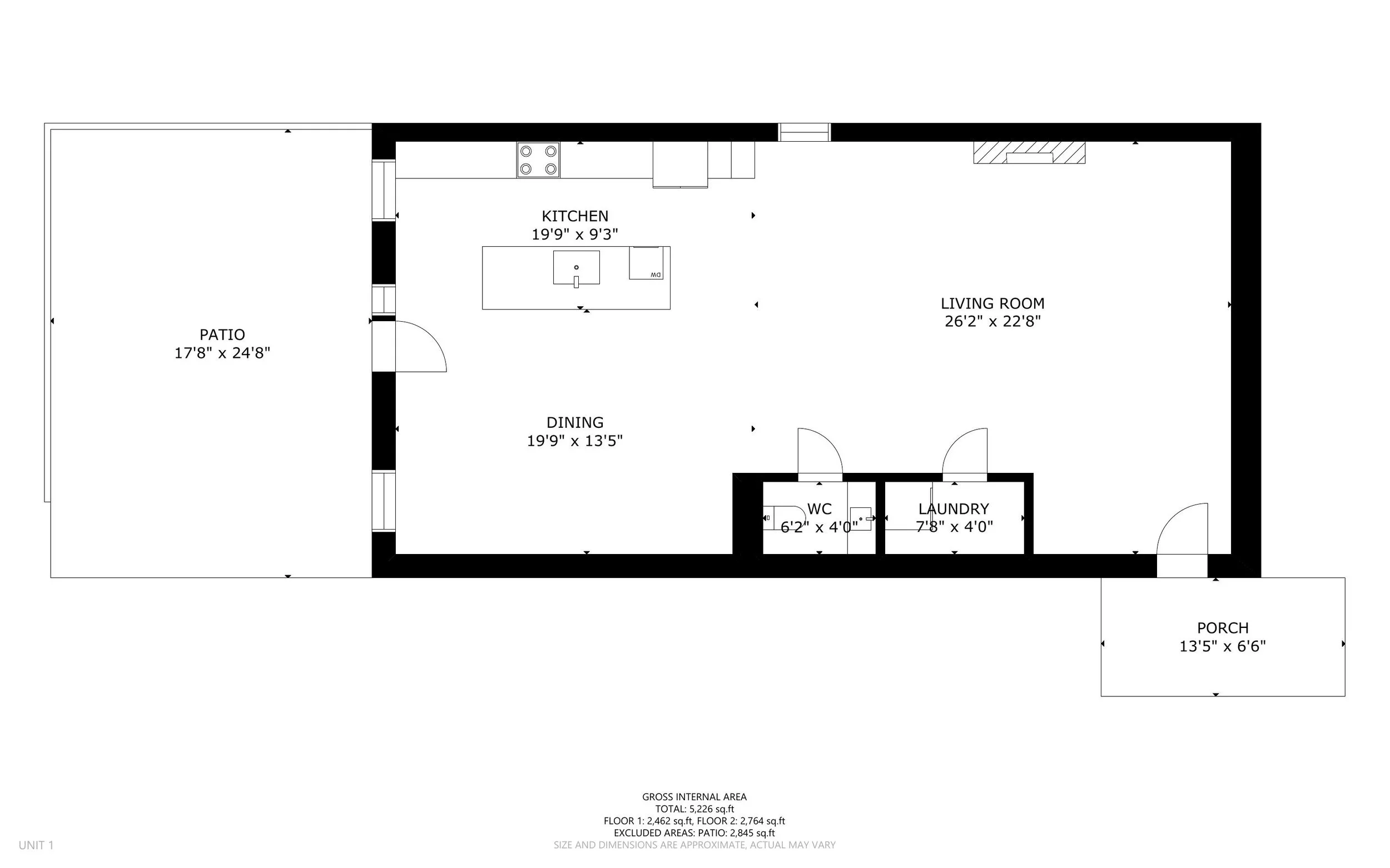 Floor plan layout of a house with labeled rooms including patio, kitchen, living room, dining area, WC, laundry, porch, and entry door.