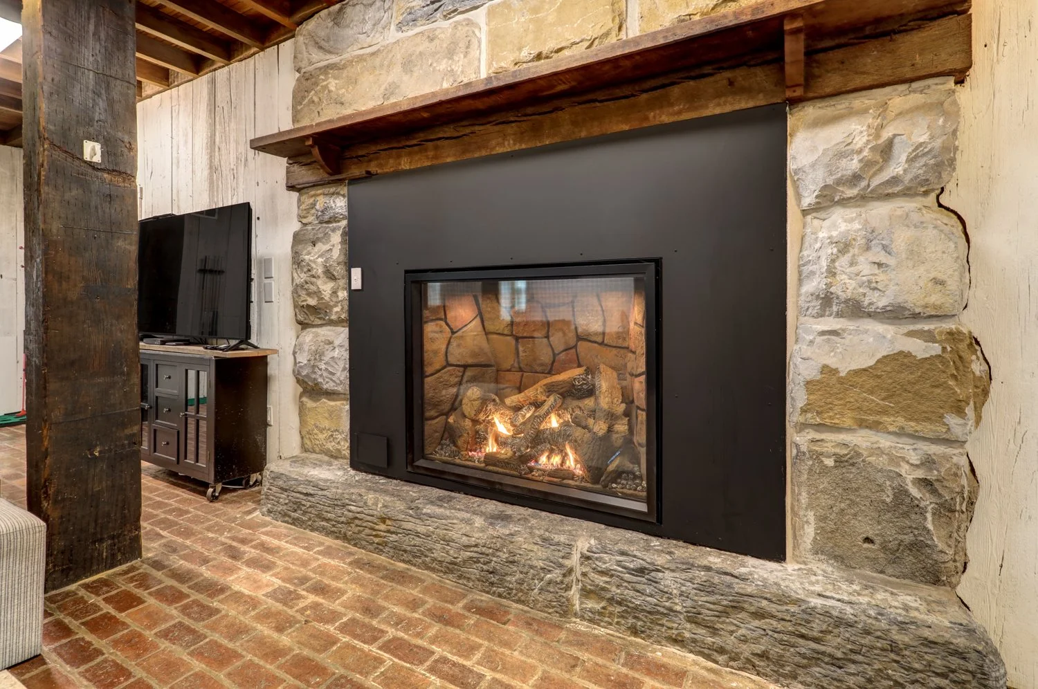Propane-fueled fireplace for cozy vibes while sipping lattes made in the kitchen. 
