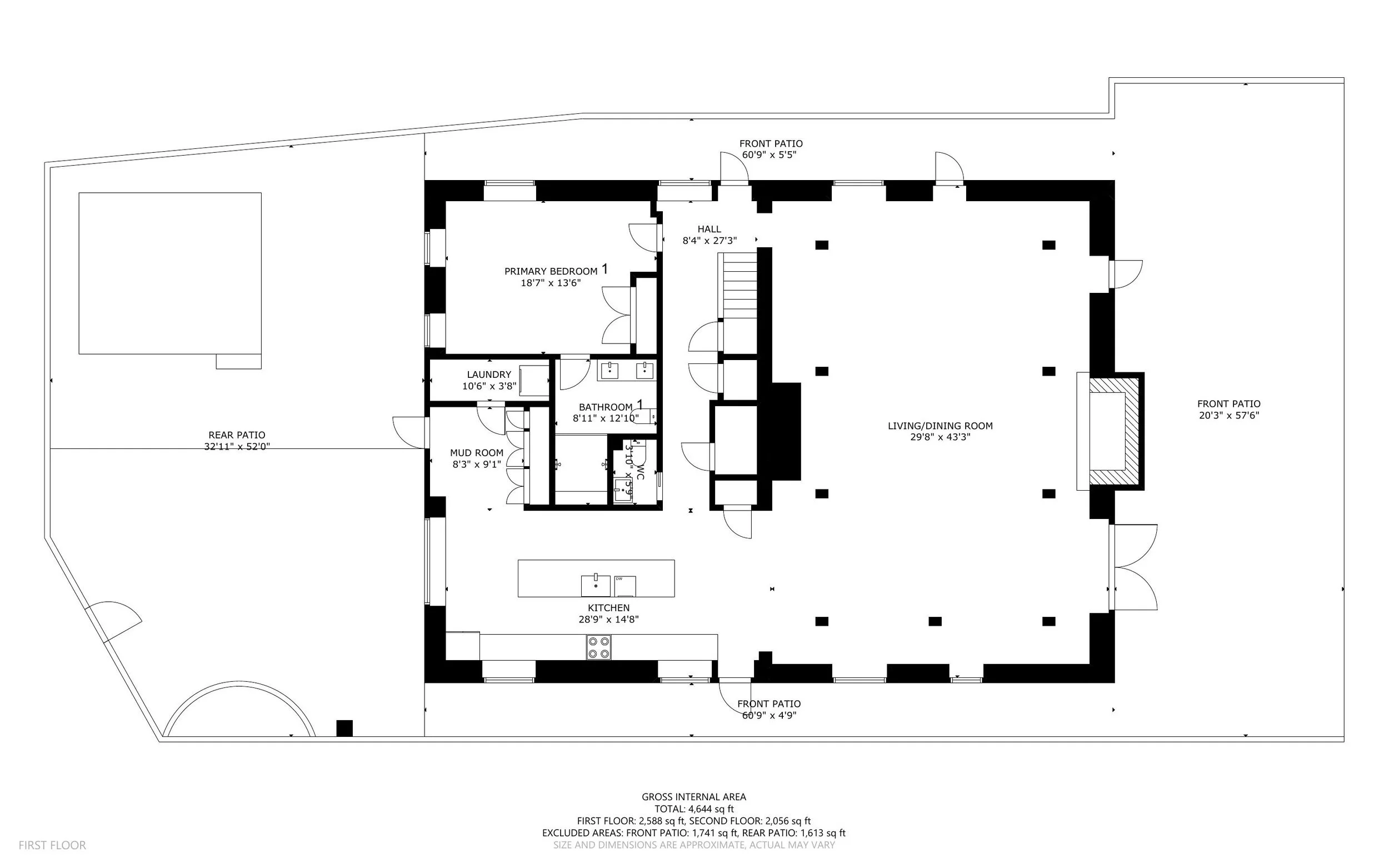Floor plan showing First Floor and outdoor private patio facing the West. The primary bedroom with an en-suite bathroom on the first floor has no stairs or step-ups to access from the parking lot. 