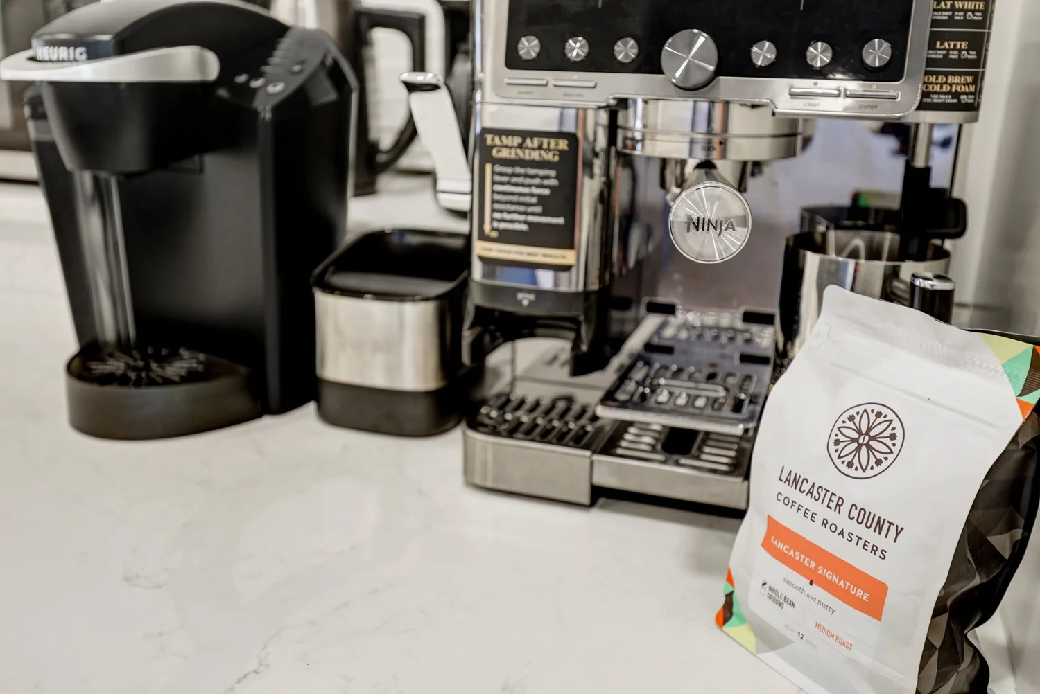 Ninja Luxe espresso machine(locally sourced espresso beans provided), Keurig & drip coffee maker, tea kettle, and French press(ground coffee not provided) 