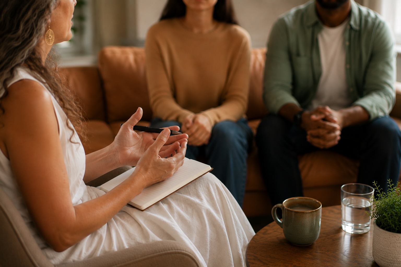 A woman speaking to two people in a counseling or therapy session, with a notepad and pen in her hands, sitting on a couch with a coffee table in front of her that has a cup of coffee, a glass of water, and a small plant.