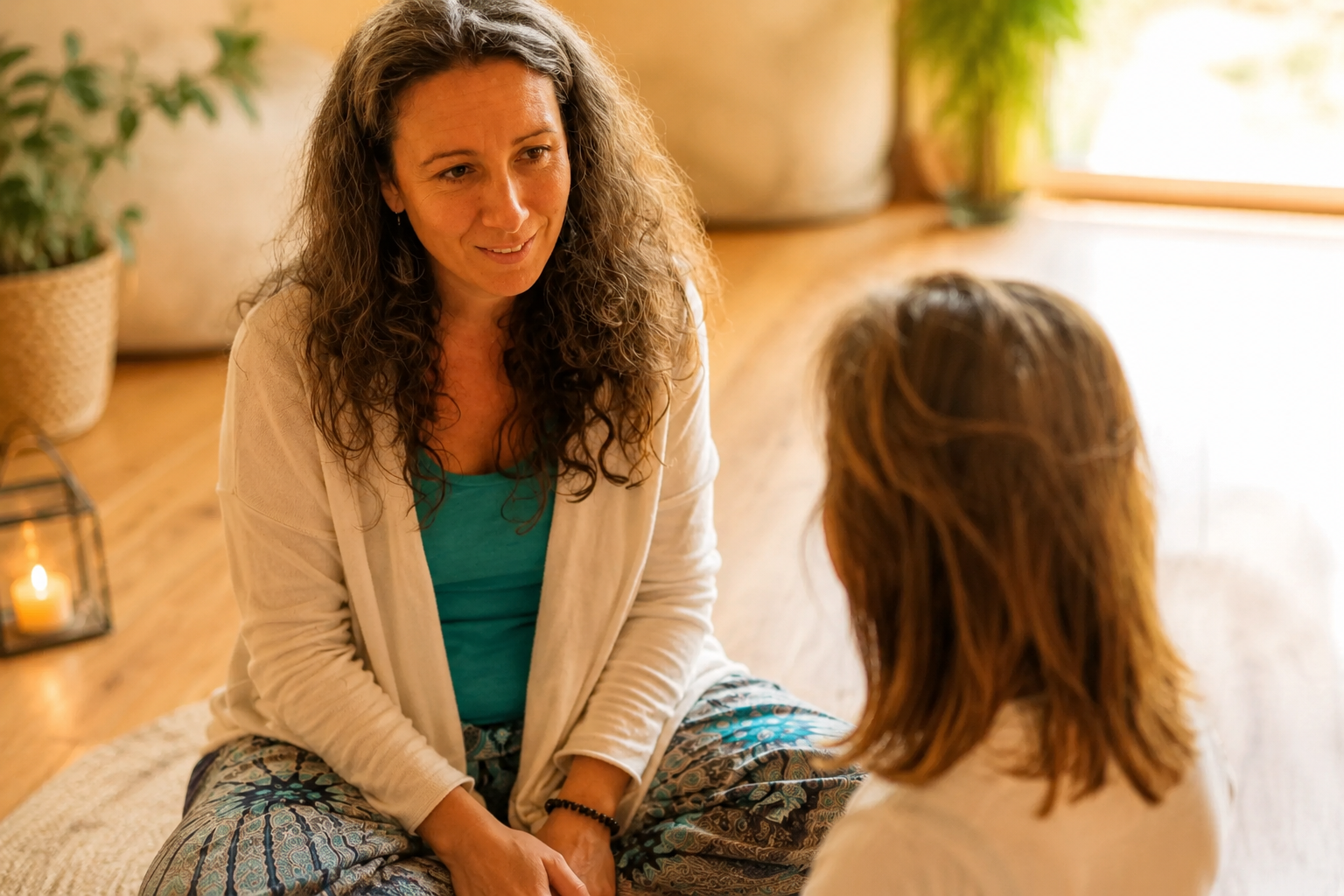 A woman with curly hair and a blue top talking to a young girl with brown hair, sitting cross-legged on a rug in a cozy room with plants and candle lanterns.