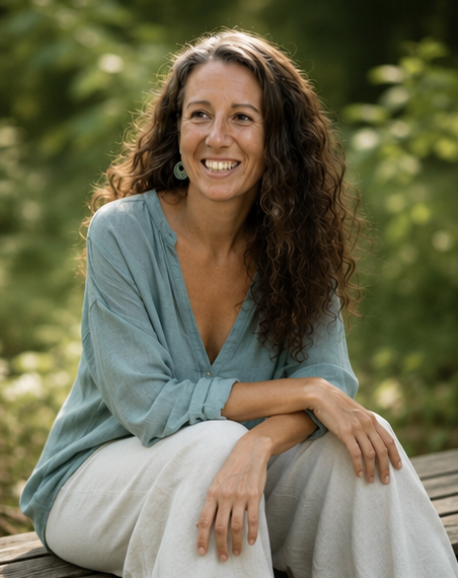 Woman with long curly hair sitting outdoors on a wooden surface, smiling, wearing a light blue blouse and white pants, surrounded by greenery.
