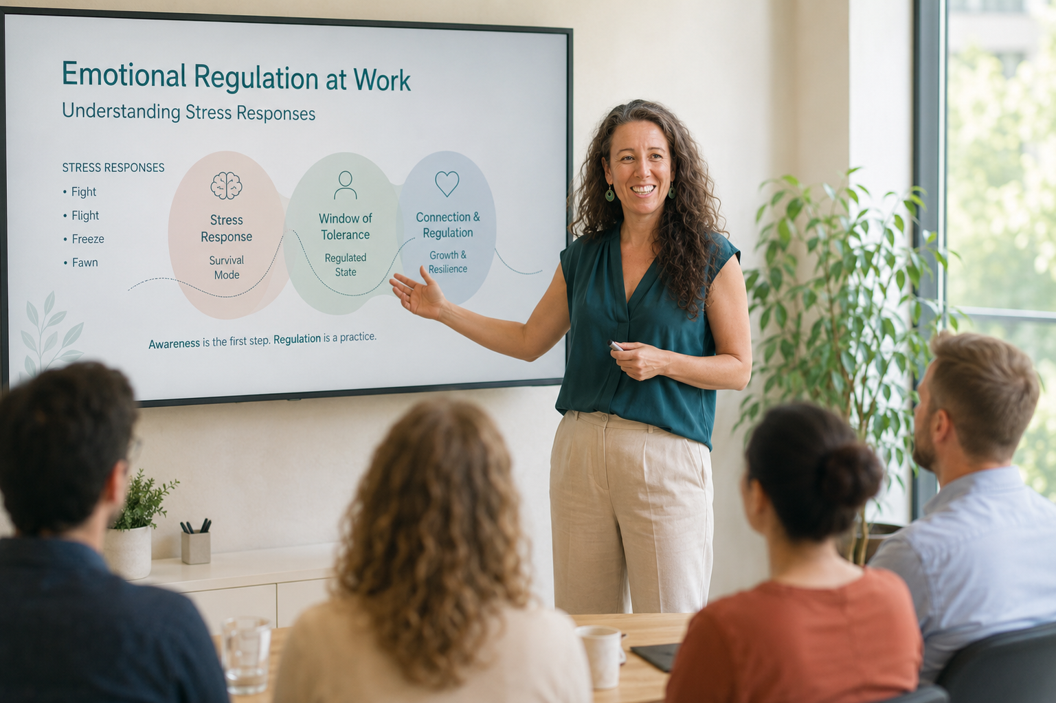 A woman giving a presentation on emotional regulation at work to a group of four people. The slide behind her shows stages of stress response, tolerance, and regulation.