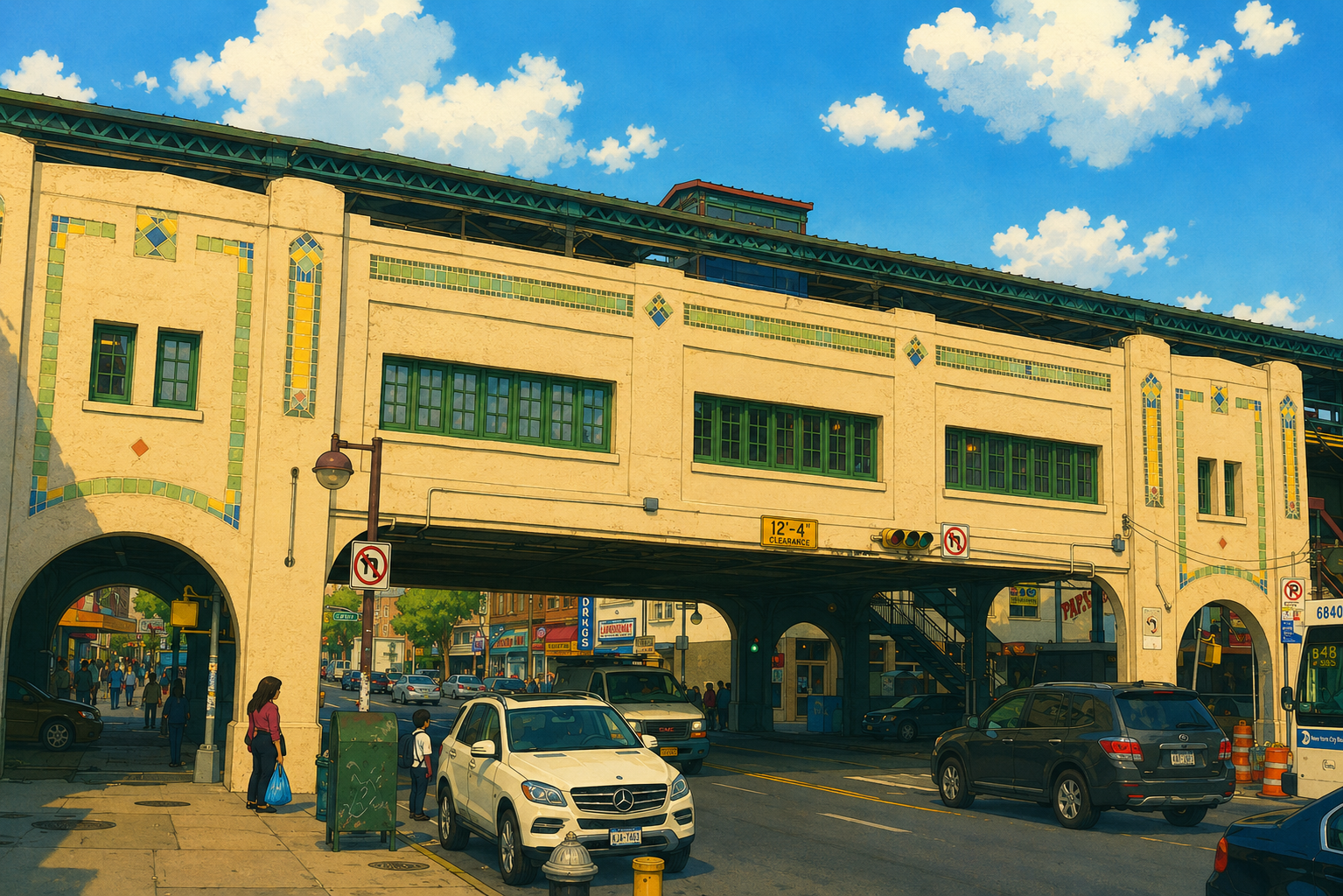 Street scene with a beigeunderpass with green windows, some cars parked, pedestrians walking, and a blue sky with clouds.