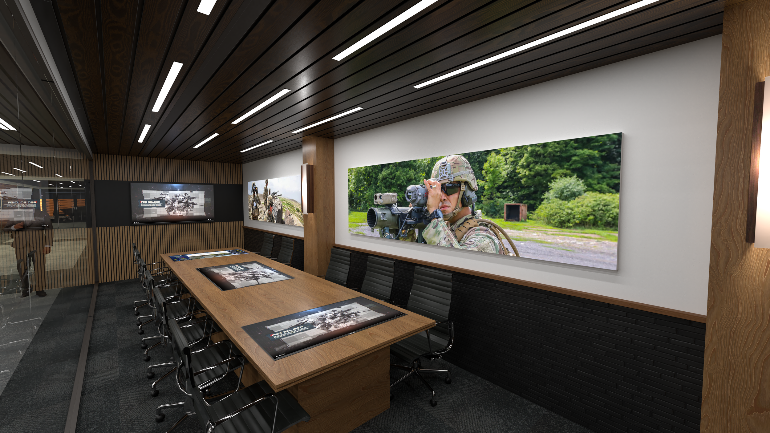A modern conference room with wooden ceiling and walls, featuring a large window with a mural of a soldier with a rifle, and another image of soldiers outdoors, with a table set with brochures.