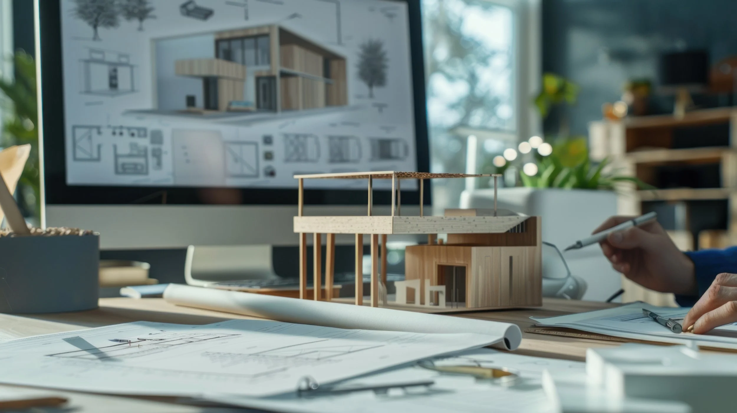 Architectural model of a modern house on a workspace, with an blueprint on the table and a computer monitor displaying a 3D house design in the background.