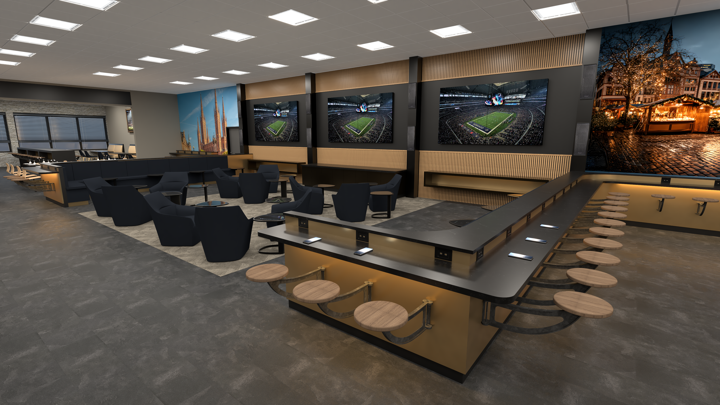 An indoor lounge area with multiple large screens displaying a football stadium, with black and beige furniture, bar stools, and Christmas decorations outside visible through windows.