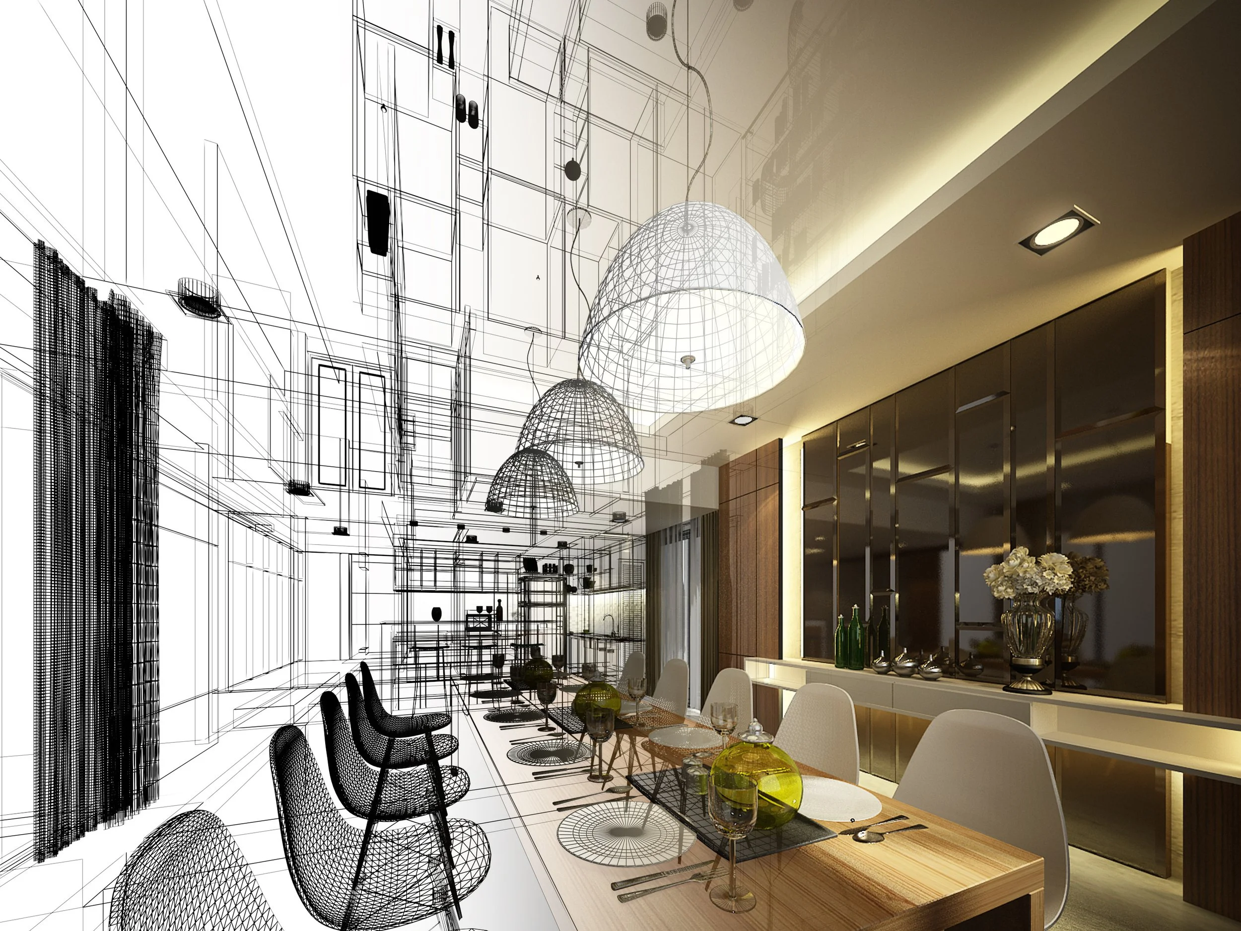 A modern dining area with a long wooden table, white and black chairs, decorative vases with flowers, overhead pendant lights, and shelves with vases against a wall. An overlay shows a wireframe sketch of the same space.
