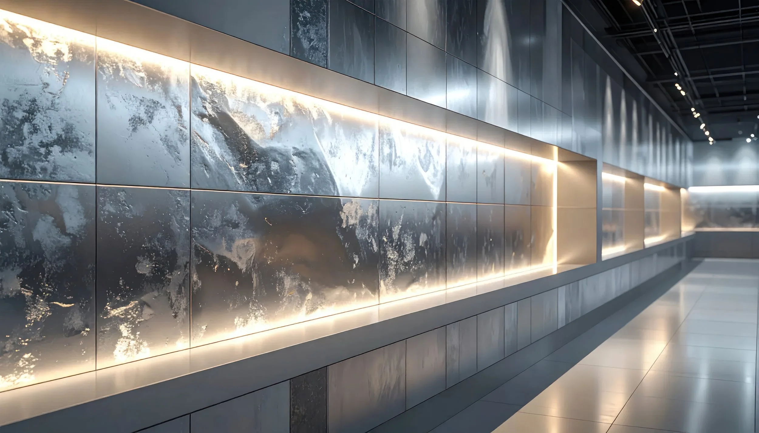 Modern interior with metallic wall panels illuminated by built-in lighting, with a polished floor and dark ceiling with track lighting.