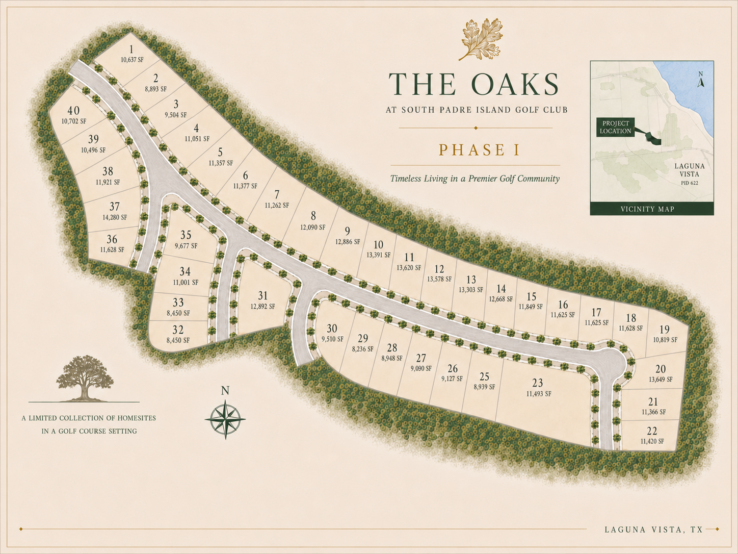 A site map of homesites at the Oaks, South Padre Island Golf Club, Laguna Vista, TX. The map shows numbered lots with their respective square footage, including lots 1 through 40, with some lots adjacent to a golf course. A small inset map shows the project location near Laguna Vista, Texas, with a north arrow and scenery around the property.