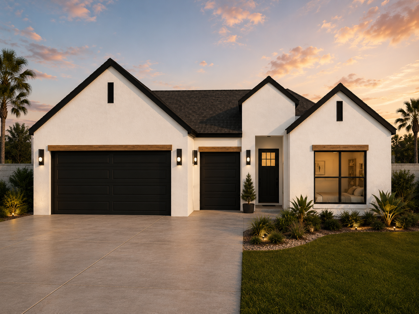 Modern single-family house with black garage doors, white exterior walls, and a landscaped front yard at sunset.