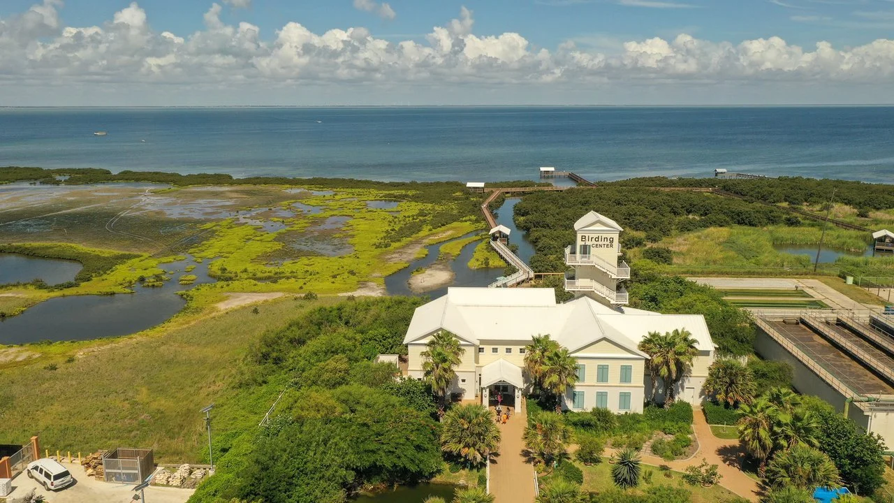 Aerial view of a waterfront birding center surrounded by lush greenery, wetlands, and a large building with a sign. The scene overlooks the ocean with a cloudy sky overhead.