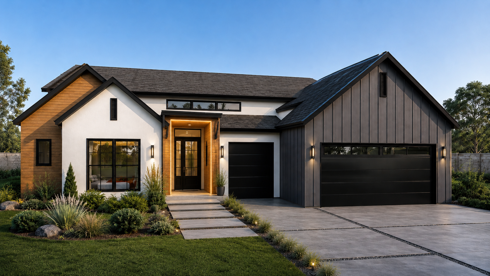 Modern two-story house with white and black exterior, wood accents, large windows, front porch with potted plants, landscaped lawn, concrete pathway, and attached two-car garage, during dusk with exterior lighting.