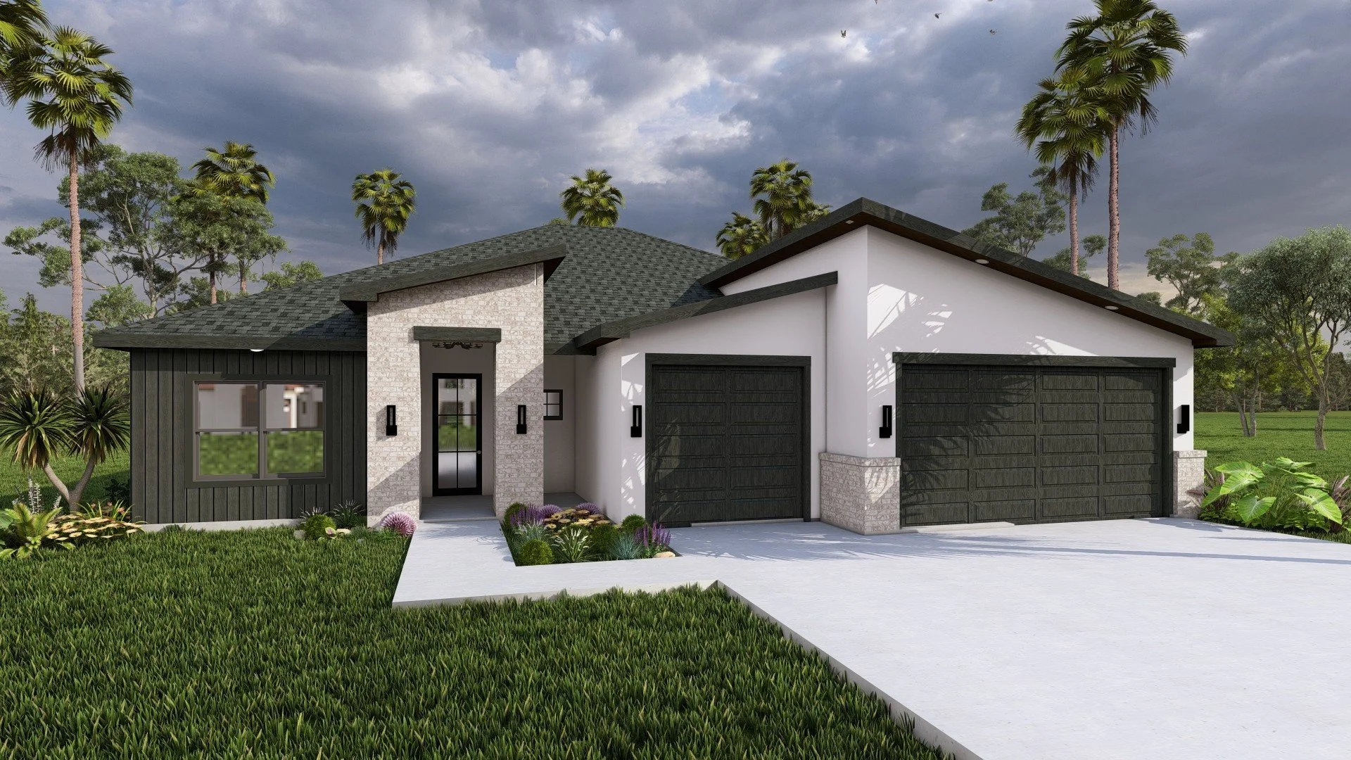 Modern house with white and black exterior, black garage doors, and landscaped front yard with grass and plants, under cloudy sky with palm trees in background.