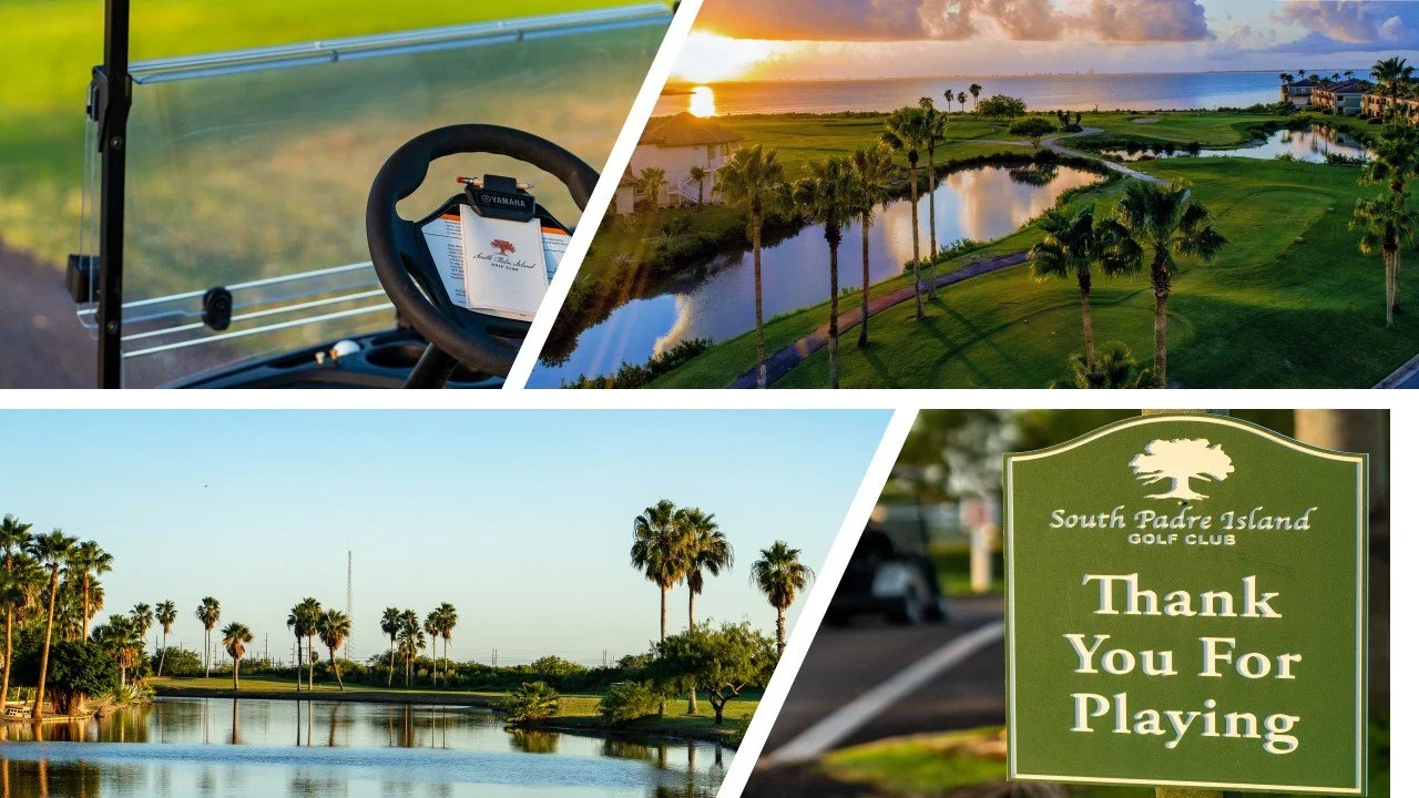 A collage of four images from a golf course: close-up of a golf cart dashboard with a Yamaha sign, a view of the golf course at sunset with water and palm trees, a lake surrounded by palm trees, and a sign that reads "Thank You For Playing" at South Padre Island Golf Club.