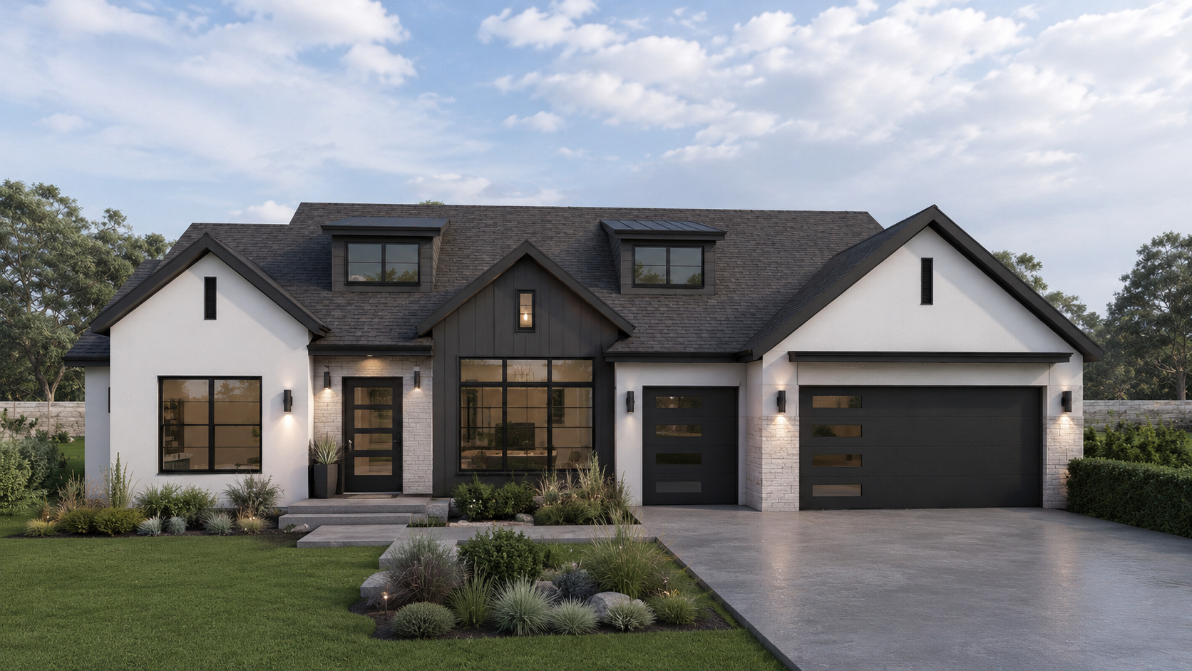 Modern two-story house with black and white exterior, large front yard, driveway, and landscaped garden with bushes and grass.