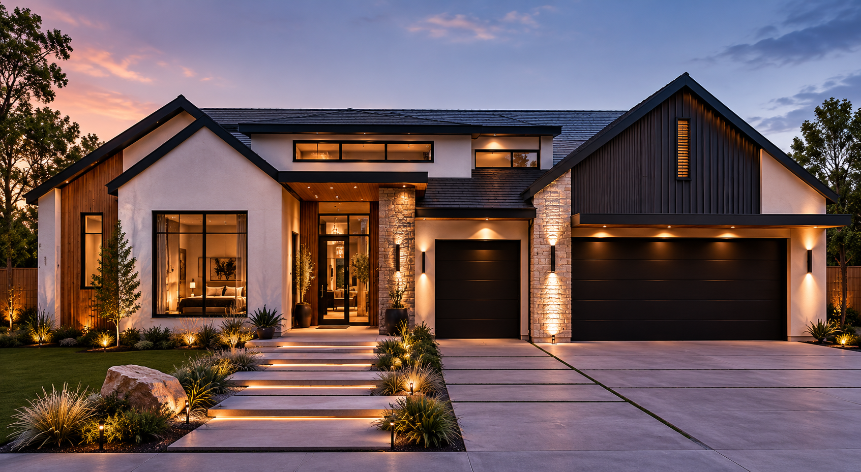 Modern house at dusk with landscaped front yard, illuminated pathway, large windows, and dual garage doors.