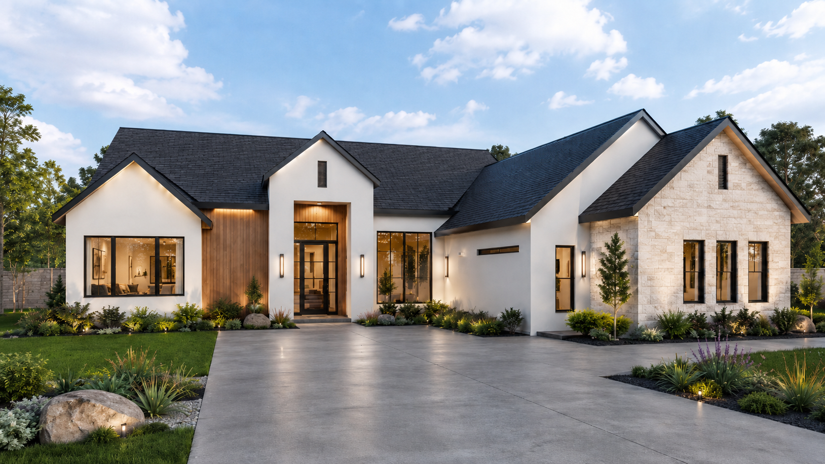 A modern house with a mix of white walls, wooden panels, and stone accents, surrounded by manicured landscaping, trees, and a concrete driveway, under a partly cloudy sky.