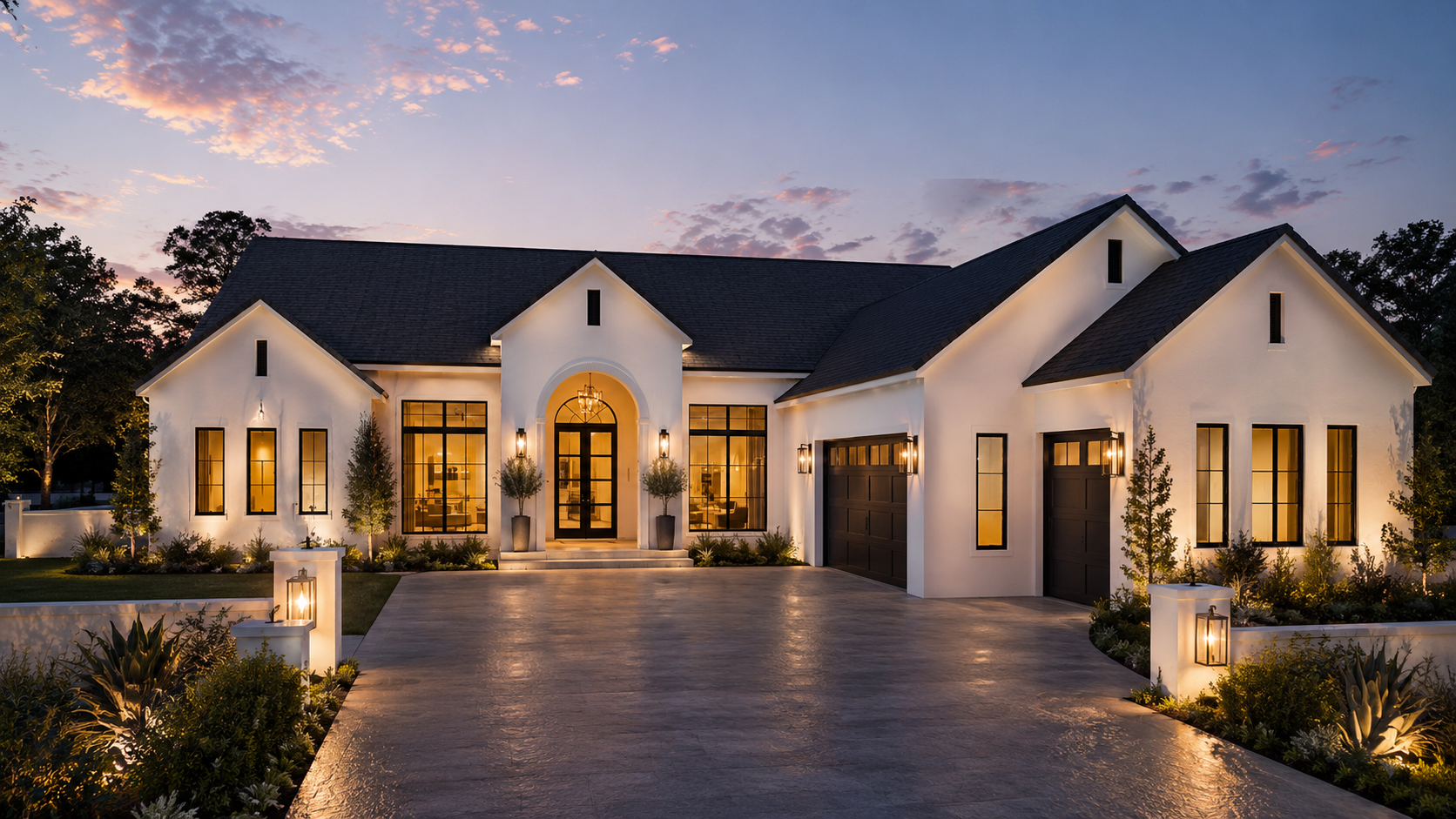 A modern white house with black accents and large windows, illuminated with exterior lighting during dusk.