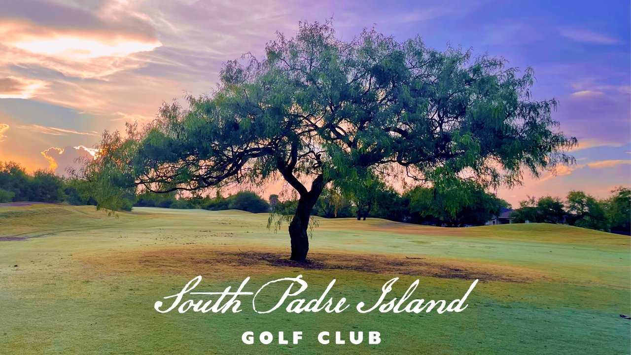 Sunset over a golf course with a large tree in the foreground, and the text 'South Padre Island Golf Club' at the bottom.