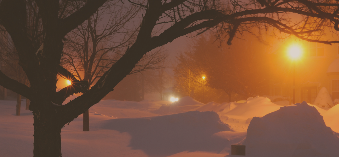 Snow-covered street at night illuminated by streetlights, with a tree in the foreground and distant car headlights.