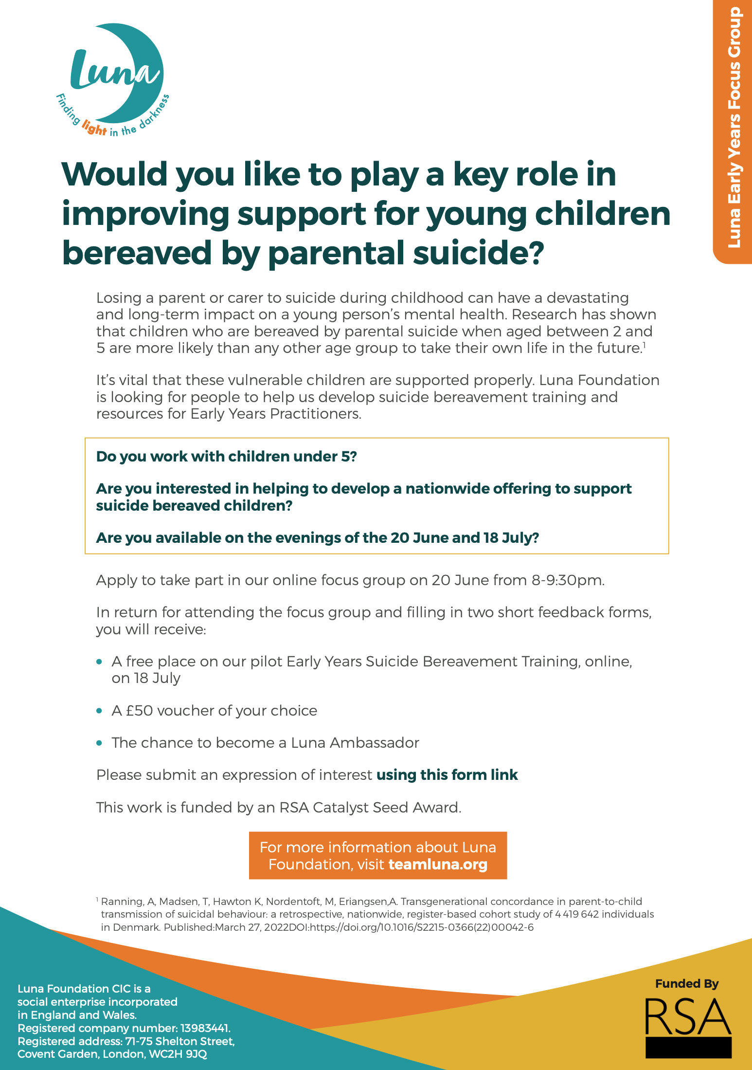 Supporting children under five who lose a parent to suicide
