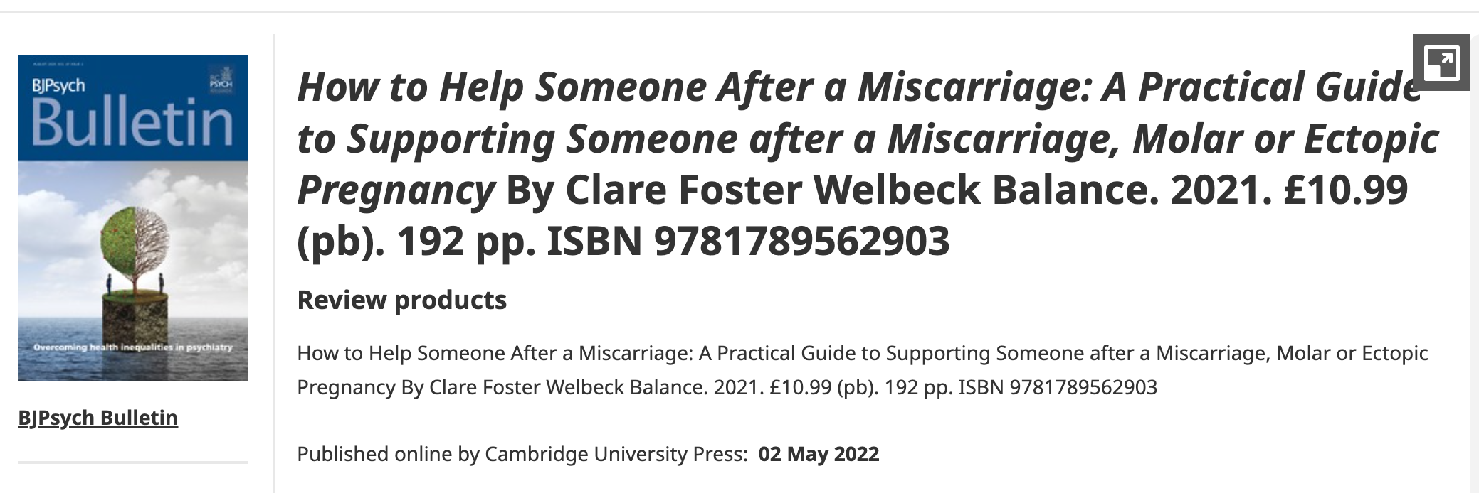 How To Help Someone After a Miscarriage reviewed in BJ Psych Bulletin