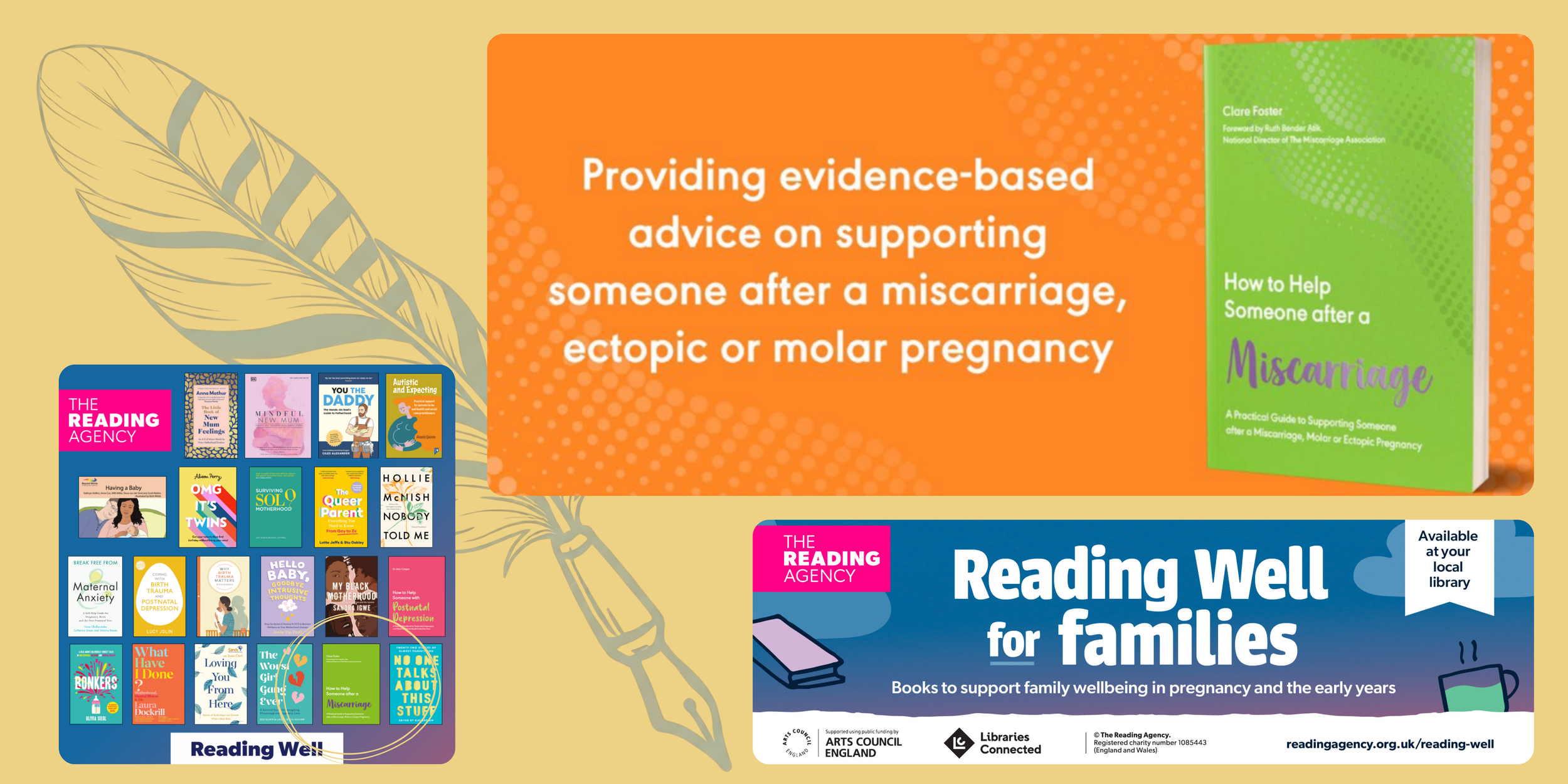 Collection of books about pregnancy, mental health, parenting, and family well-being. Main focus on a book titled 'How to Help Someone after a Miscarriage' by Clare Foster with an orange and green cover.