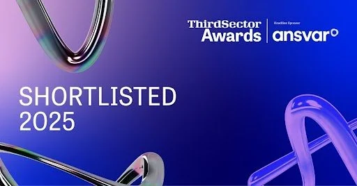 Blue promotional graphic for the Third Sector Awards by ansvar, indicating a 2025 shortlist.
