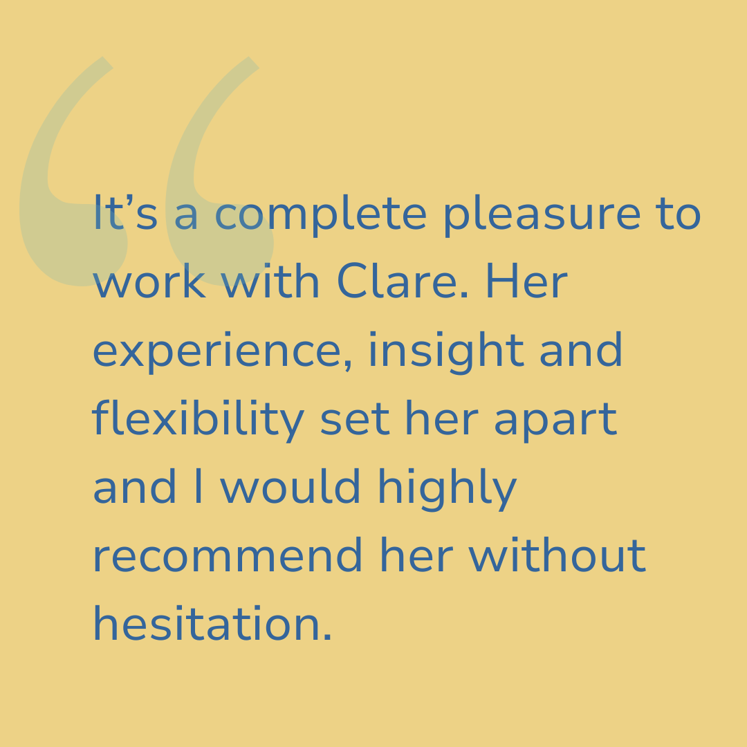 Quote about working with Clare on a yellow background with large quotation marks.
