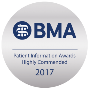 A silver award plaque with the BMA logo and the text 'Patient Information Awards Highly Commended 2017'.
