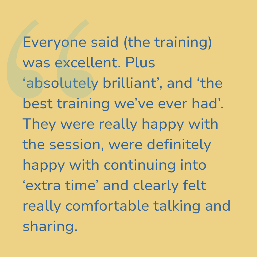 Quote about training session feedback on a yellow background with large quotation marks.
