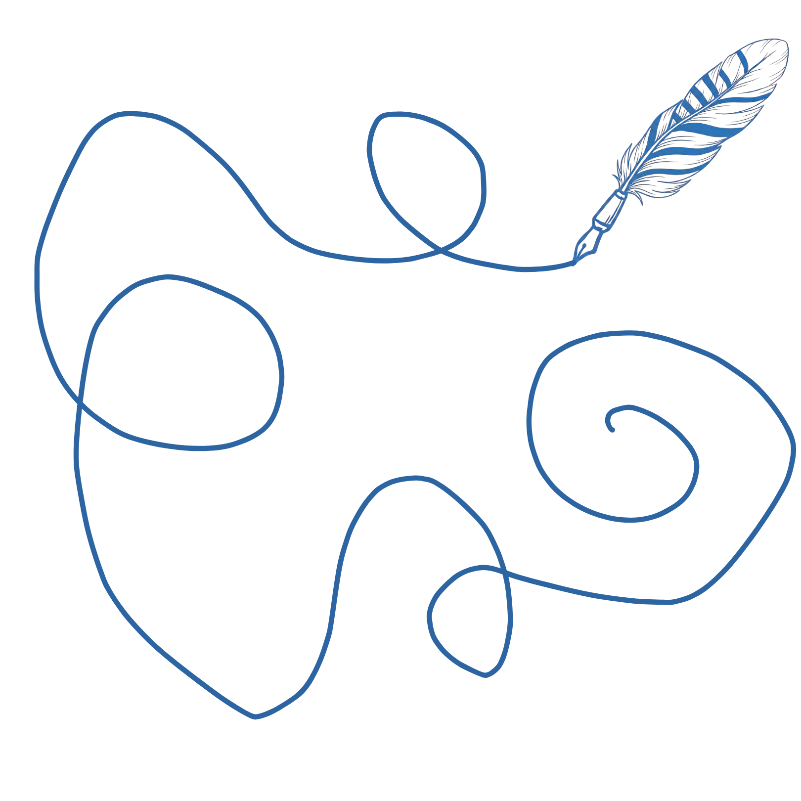 A digital illustration featuring a feather quill pen writing on a piece of paper, with lines swirling around.