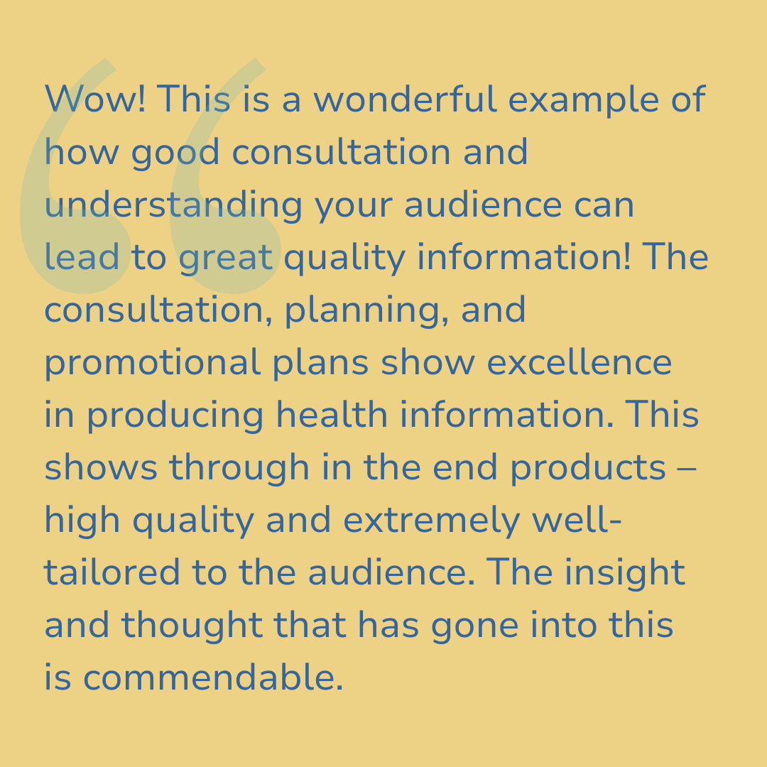 A quote about the importance of good consultation and understanding audience, written in blue text on a yellow background with a large, faint quotation mark in the background.