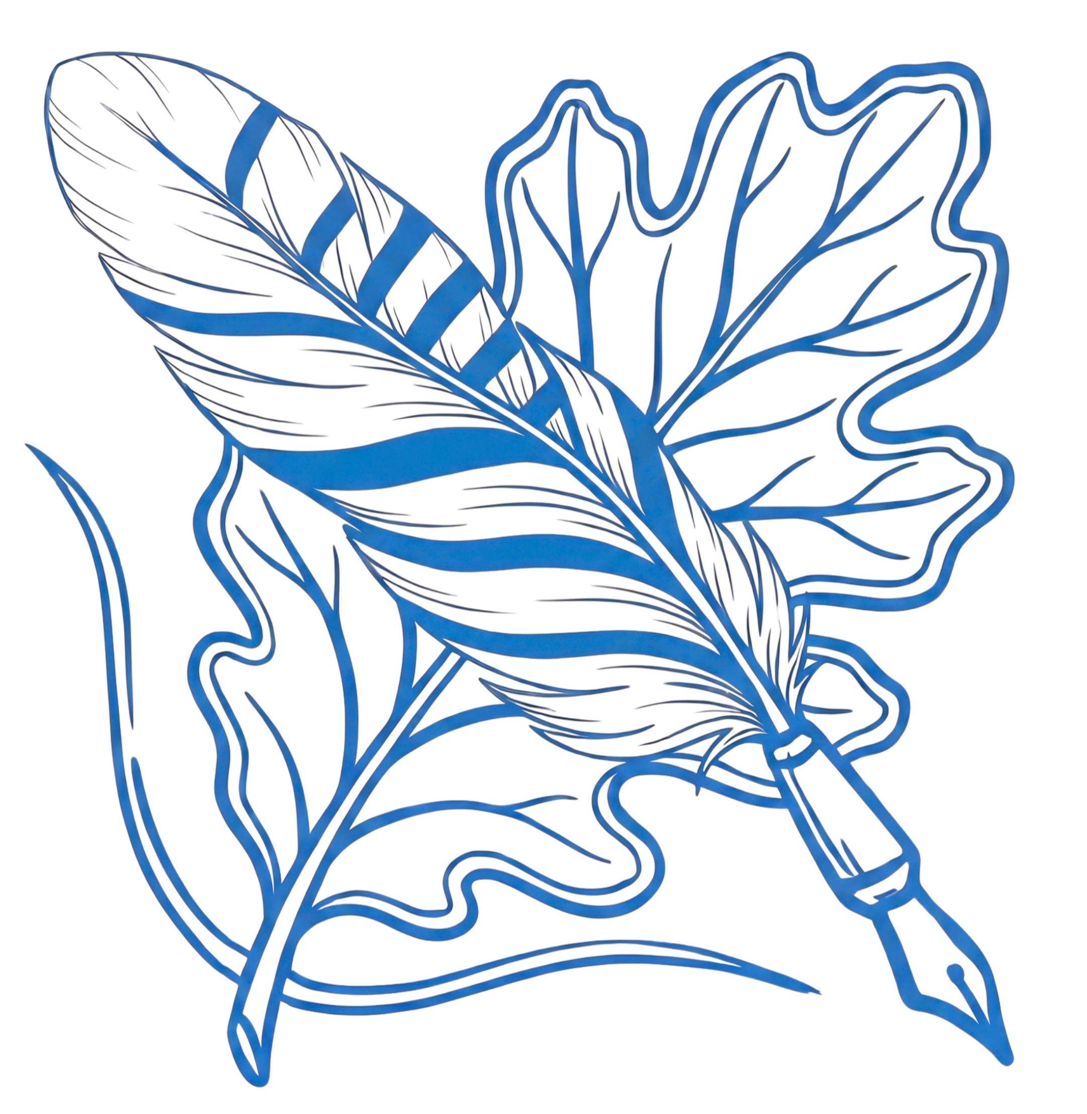 A line drawing of an oak leaf and a jay feather