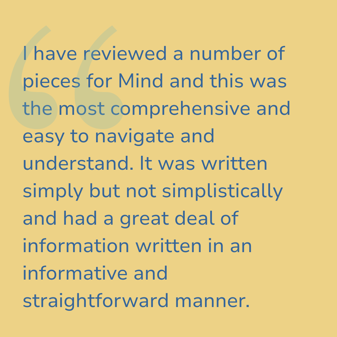 A yellow background with a large, light green quotation mark in the corner. Blue text with a review about a piece for Mind, describing it as comprehensive, easy to navigate, written simply but not simplistically, and informative.