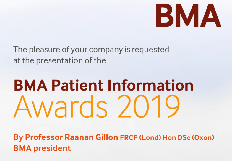 Event title slide for the BMA Patient Information Awards 2019, presented by Professor Raanan Gillon, with the BMA logo at the top right corner.