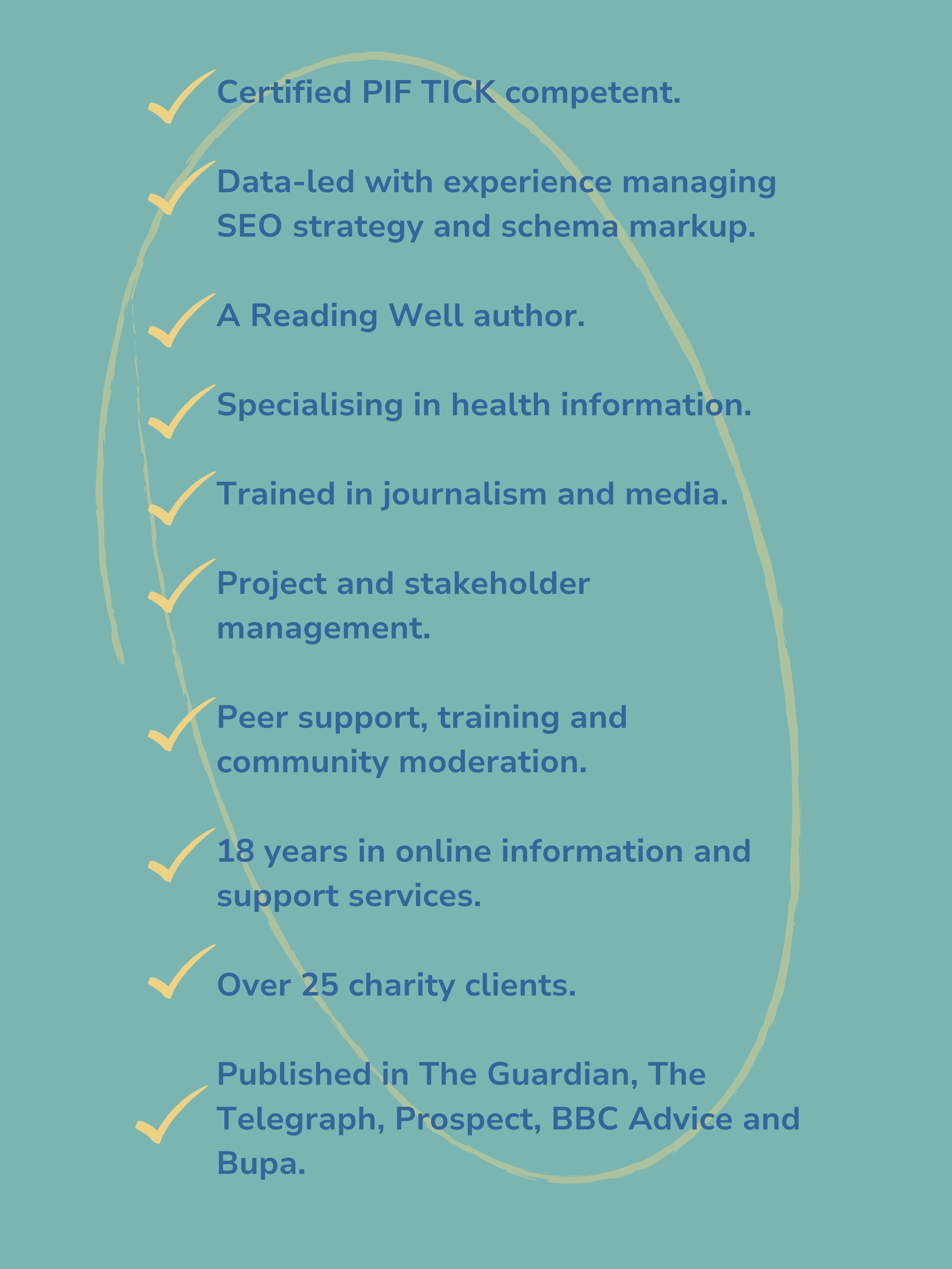 A list of professional accomplishments and credentials, including certification, experience, authorship, specialization, training, project management, community support, online support services, charity clients, and publications.