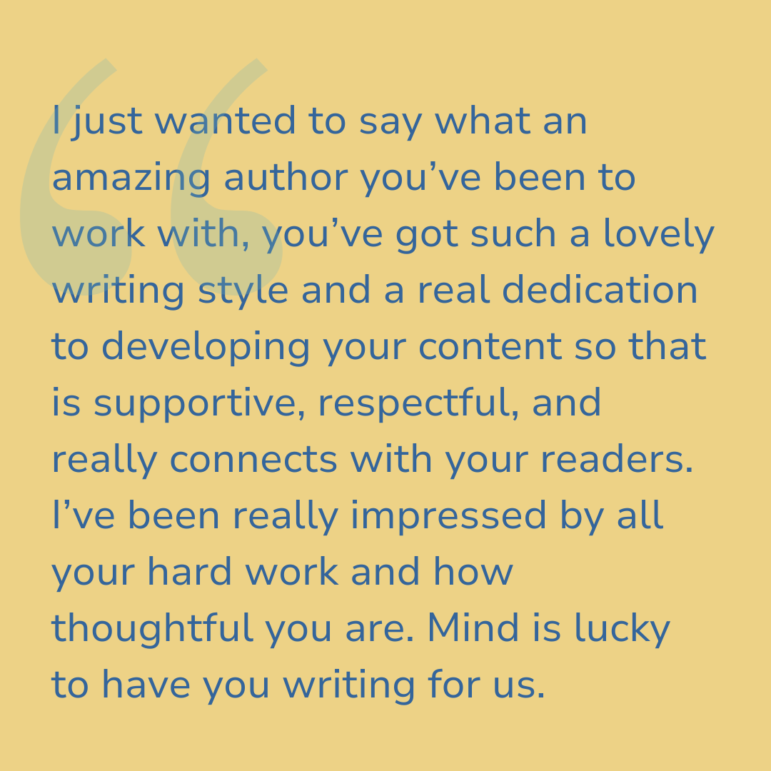 A positive message of appreciation for an author, praising their writing style, dedication, and thoughtfulness.