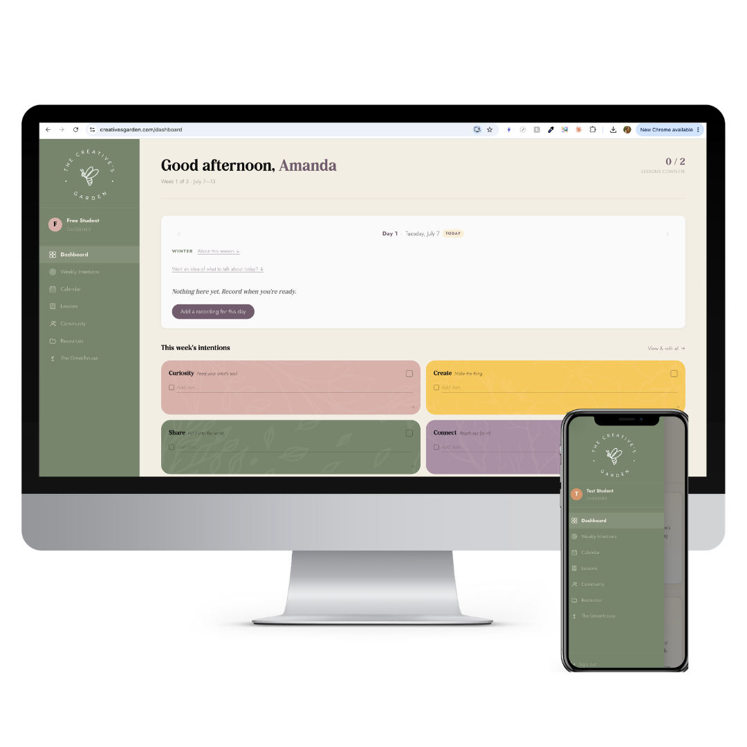 the dashboard of the creatives garden on desktop and mobile