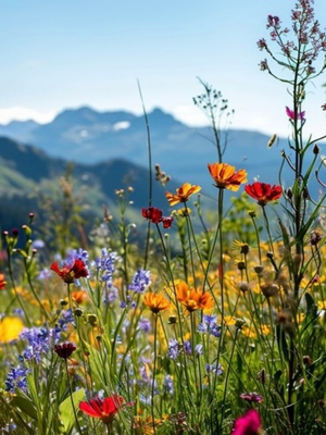 Colorful wildflowers blooming with mountains in the background on a sunny day.
