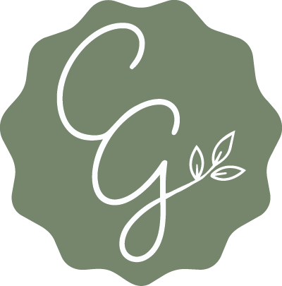 Stylized letter 'C' and 'G' with a small leaf branch on a green background.