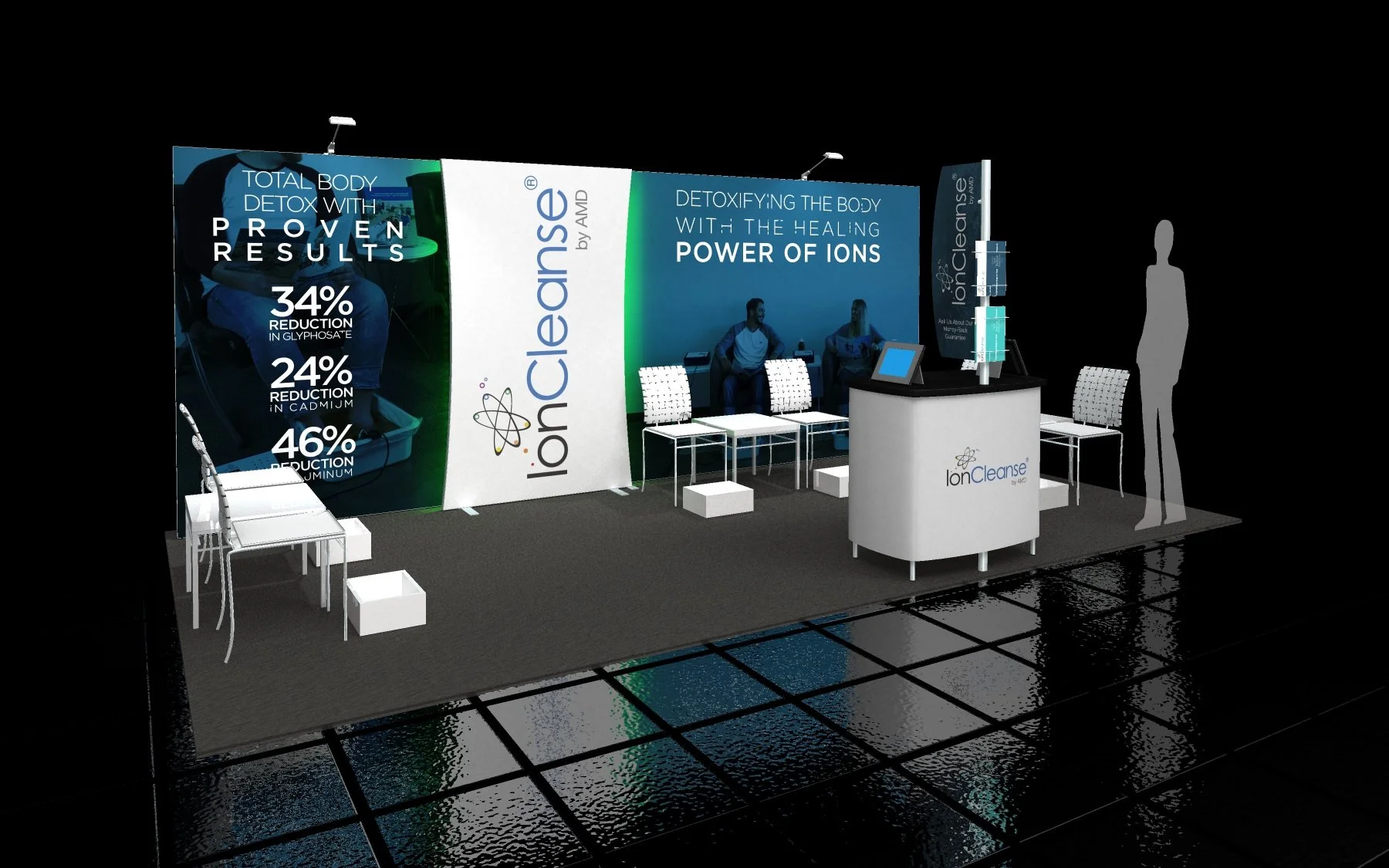 Conference Booth Redesign. Created to suit both 10 foot and 20 foot booths while also being able to offer footbaths. 