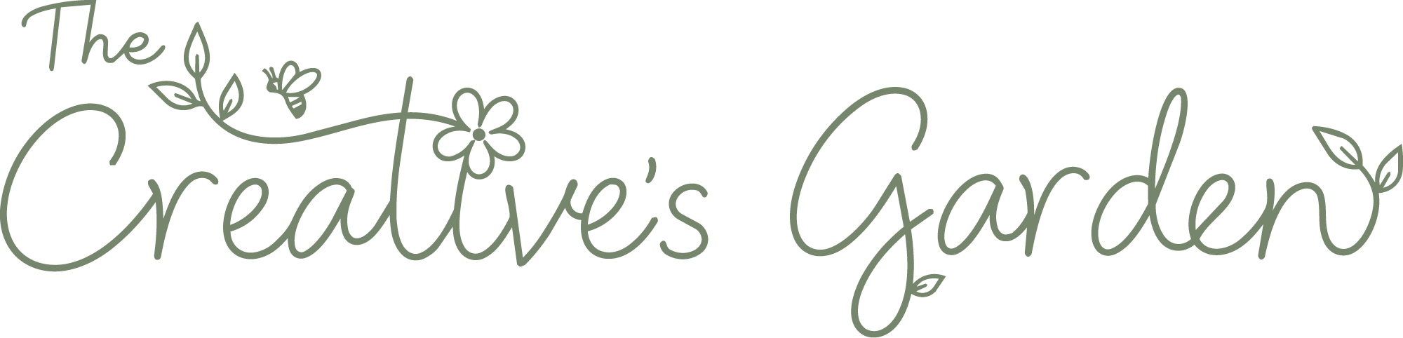 A logo with the text 'The Creative's Garden' in script font, decorated with a small flower, leaf, and butterfly illustration in soft green colors.