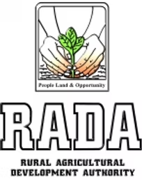 Logo of RADA Rural Agricultural Development Authority featuring a hand holding a sprouting plant and the phrase 'People Land & Opportunity'.