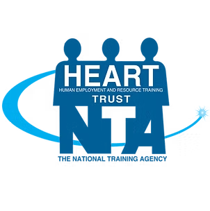 Logo for HEART Trust with three blue human figures, the word 'HEART' in the center, and the phrase 'Human Employment and Resource Training' below.
