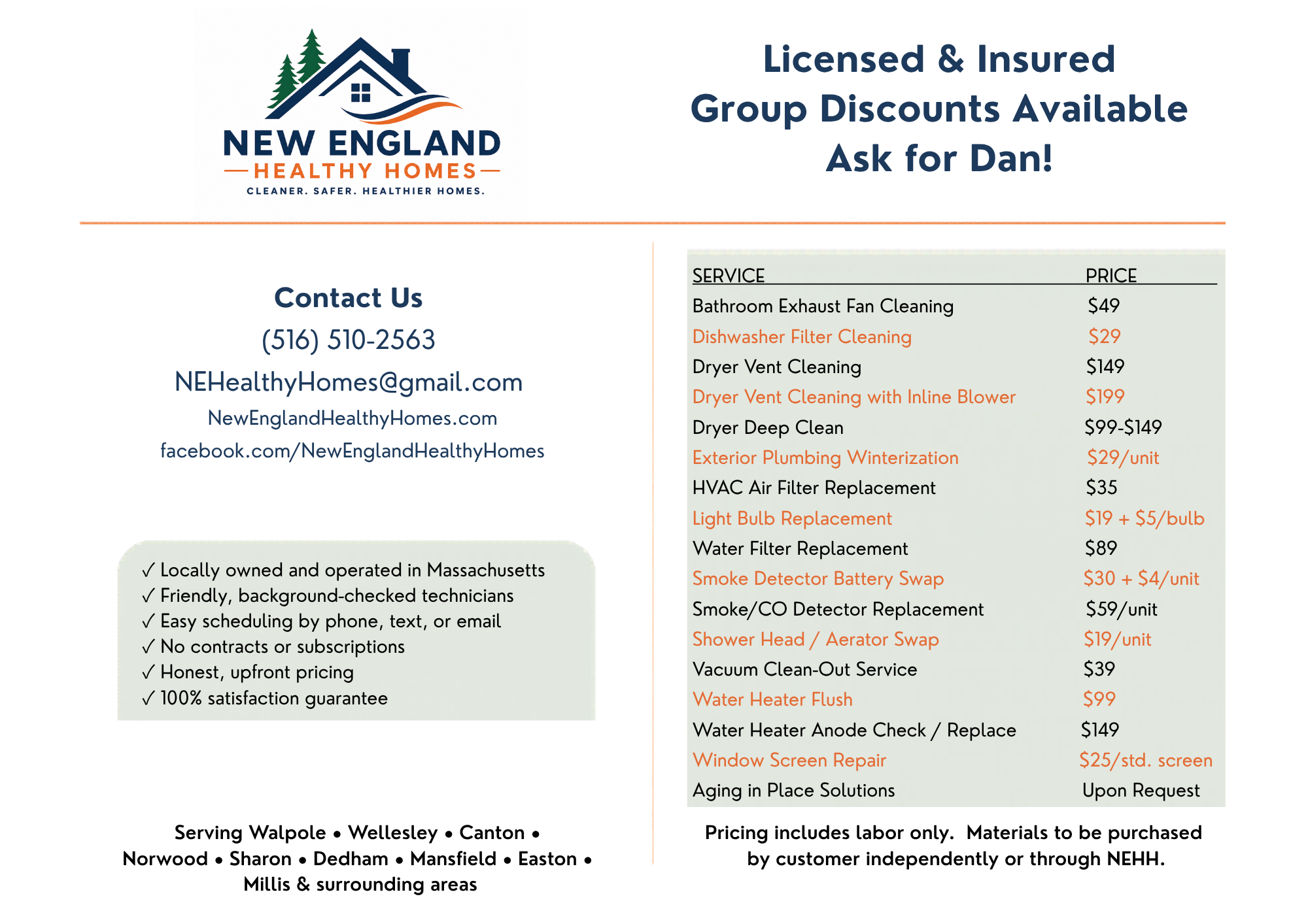 Flyer for New England Healthy Homes, a home services company in Massachusetts. The flyer highlights licensed and insured services, discounts, and contact info. Services include air filter replacements, plumbing, HVAC, window repairs, and more, with prices listed. The flyer emphasizes local ownership, friendly technicians, transparent pricing, and satisfaction guarantees.