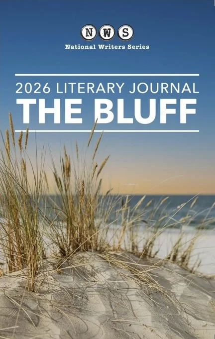 Cover of a 2026 literary journal titled "The Bluff" with an ocean view and dune grass in the foreground.