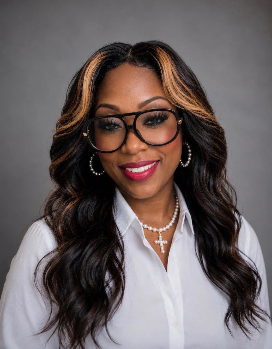Portrait of a woman with long wavy dark hair with blonde highlights, wearing large black glasses, pearl earrings, a pearl necklace with a cross pendant, and a white collared shirt, smiling against a gray background.